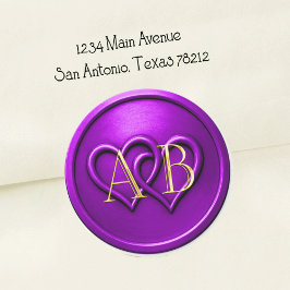 Purple Two Hearts Intertwined Monogram Wedding Ronde Sticker