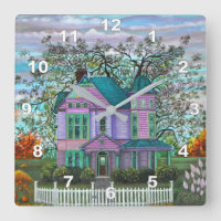 Purple Victorian House Pumpkins Wagon Autumn