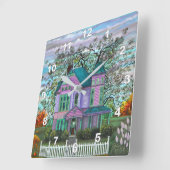 Purple Victorian House Pumpkins Wagon Autumn Vierkante Klok (Hoek)