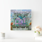 Purple Victorian House Pumpkins Wagon Autumn Vierkante Klok (Huis)