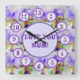 Purple Viola Watercolour Floral Acrylic Wall Clock Vierkante Klok
