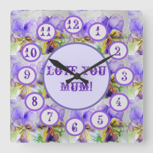 Purple Viola Watercolour Floral Acrylic Wall Clock Vierkante Klok