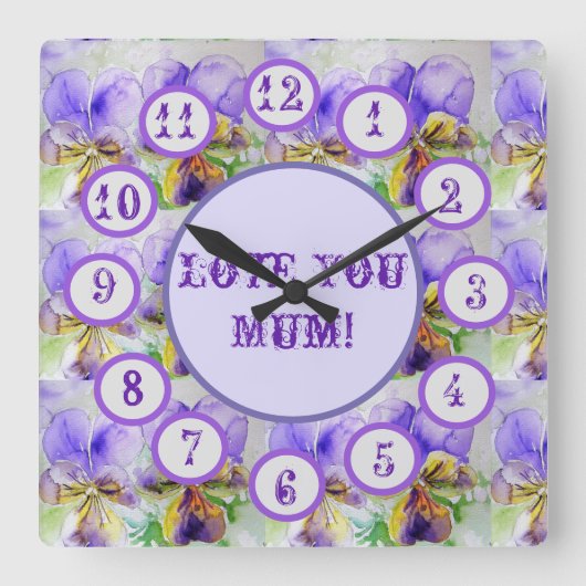 Purple Viola Watercolour Floral Acrylic Wall Clock Vierkante Klok (Voorkant)
