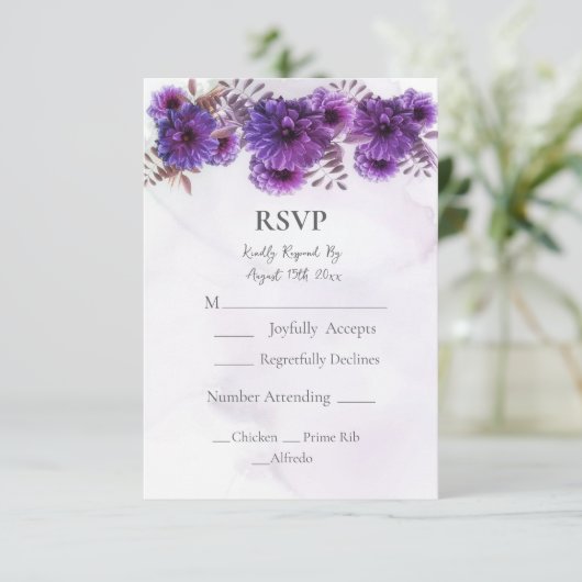 Purple Watercolor Chrysanthemum Wedding  RSVP Card (Staand voorkant)