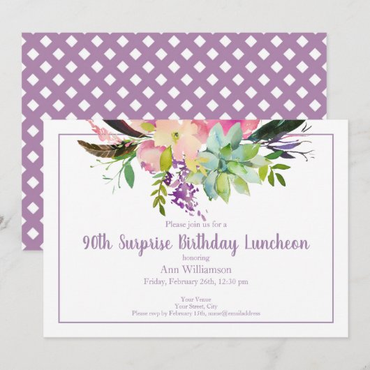 Purple Watercolor Floral 90th Surprise Birthday Kaart (Voorkant / Achterkant)