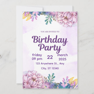 Purple Watercolor Floral Birthday Party Invitation Kaart