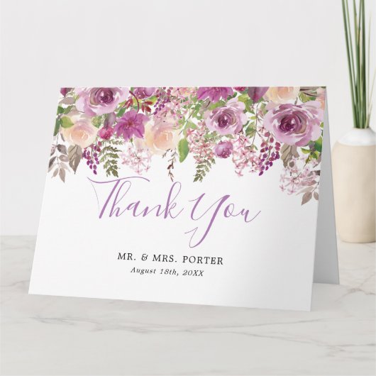 Purple Watercolor Floral Wedding Thank You Note Bedankkaart (Voorkant)