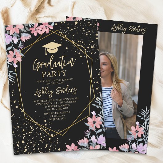 Purple watercolor flowers Graduation Kaart