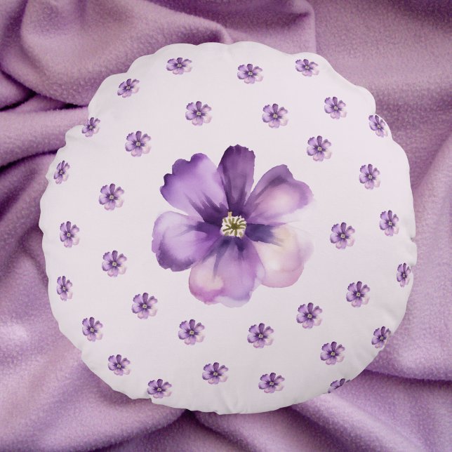 Purple Watercolor Flowers Round Pillow Rond Kussen (Creator heeft geüpload)
