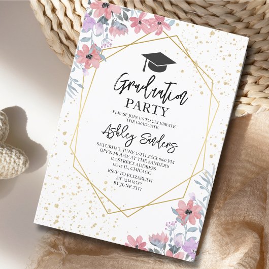 Purple watercolor flowers with gold Glitter Kaart