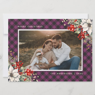 Purple Watercolor Poinsettia Holly Photo Christmas Feestdagenkaart