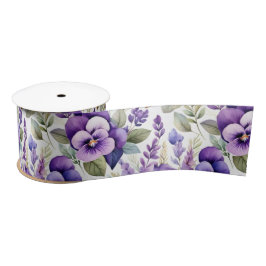 Purple Watercolor Violets Floral Elegant Satijnen Lint