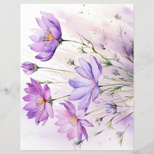 Purple Watercolor Wildflowers Scrapbook Papers (Voorkant)
