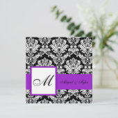 Purple Wedding Monogram Damask Invitation Kaart (Staand voorkant)