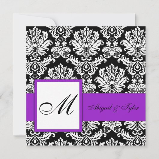 Purple Wedding Monogram Damask Invitation Kaart (Voorkant)