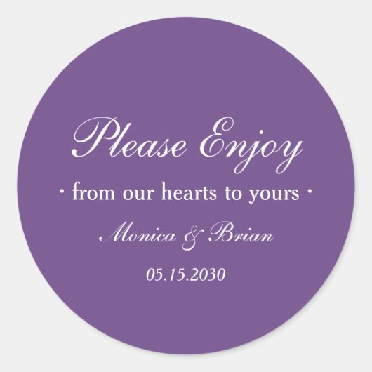 Purple Wedding Please Enjoy Favor Ronde Sticker (Voorkant)