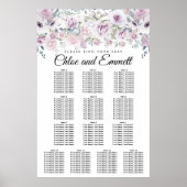 Purple White Floral 13-Table Wedding Seating Chart Poster (Voorkant)
