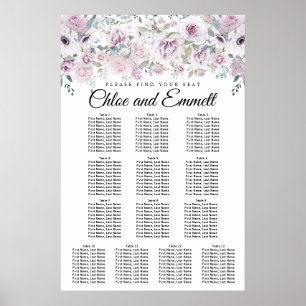 Purple White Floral 13-Table Wedding Seating Chart Poster