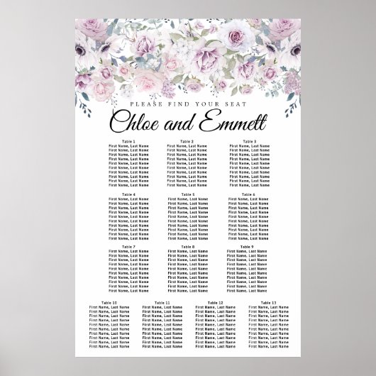 Purple White Floral 13-Table Wedding Seating Chart Poster (Voorkant)
