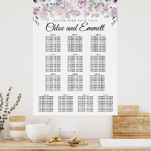 Purple White Floral 13-Table Wedding Seating Chart Poster (Keuken)