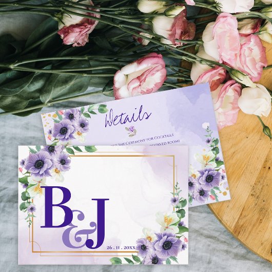 Purple White Floral Gold Frame Wedding Details Informatiekaartje