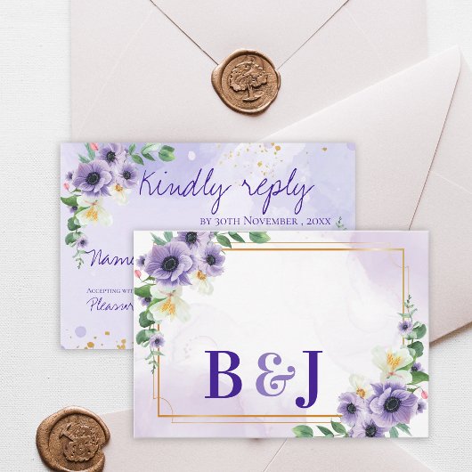 Purple White Floral Gold Frame Wedding Reply By RSVP Kaartje
