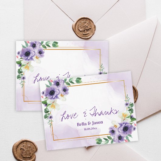 Purple White Floral Gold Frame Wedding Thank You Briefkaart