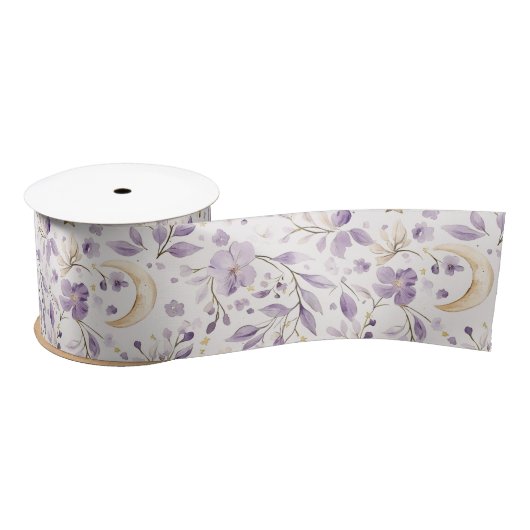 Purple White Moons & Stars Floral Baby Shower Satijnen Lint (Spoel)