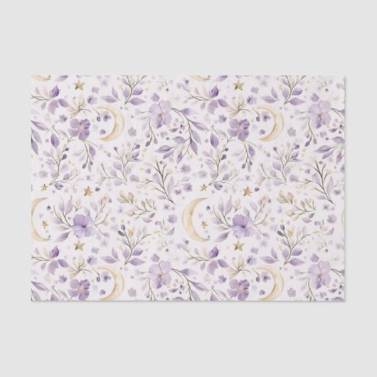 Purple White Moons & Stars Floral Baby Shower Tissuepapier (Voorkant)