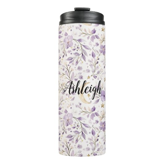 Purple White Moons & Stars Floral Thermosbeker (Voorkant)