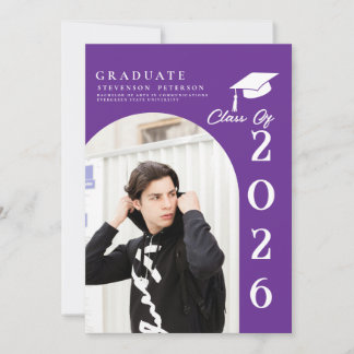 Purple & White Photo Graduation announcement Kaart