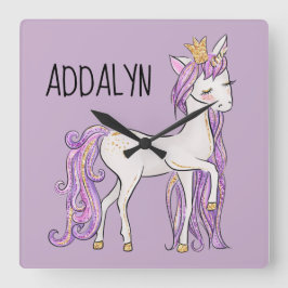 Purple White Unicorn Tiara Vierkante Klok