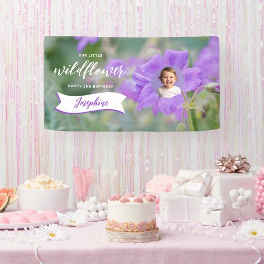 Purple Wildflower Custom Baby Photo Happy Birthday Spandoek (Feest)