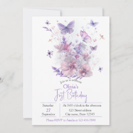 Purple Wildflowers Butterfly Girl's 1st Birthday  Kaart