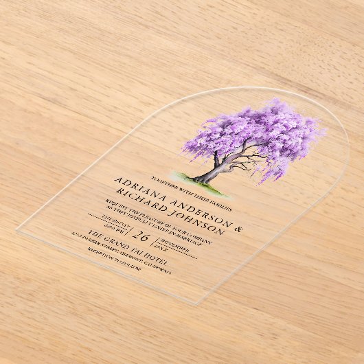 Purple Wisteria Floral Tree Wedding Acryl Uitnodigingen (Laagn)