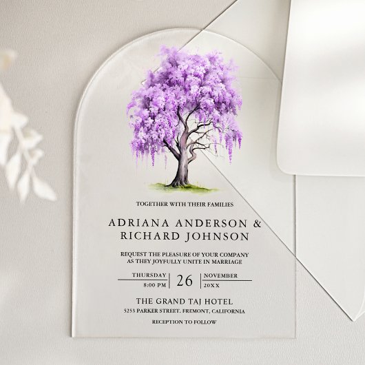 Purple Wisteria Floral Tree Wedding Acryl Uitnodigingen