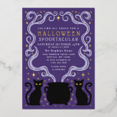 Purple Witchy Black Cat Cauldron Halloween Party Folie Uitnodiging (Voorkant)