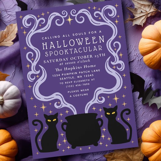 Purple Witchy Black Cat Cauldron Halloween Party Kaart