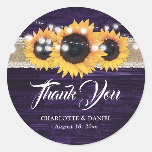 Purple Wood Burlap Lace Sunflower Wedding Ronde Sticker (Voorkant)