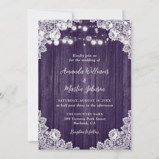 Purple Wood Floral Lace Romantic Rustic Wedding Kaart (Voorkant)