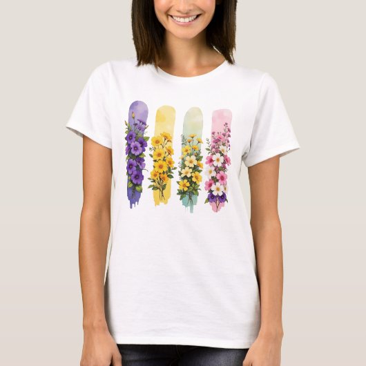 PURPLE YELLOW PINK GREEN WILDFLOWERS T-SHIRT (Voorkant)