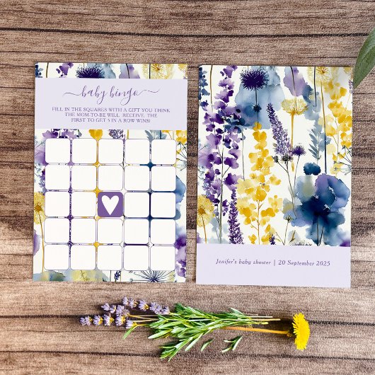 Purple Yellow Watercolor Wildflower Baby Bingo Kaart