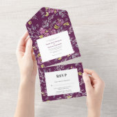 PurpleModern Waterverf Flower Wedding Invitation All In One Uitnodiging (Afscheurbaar)