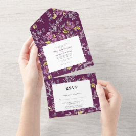 PurpleModern Waterverf Flower Wedding Invitation All In One Uitnodiging