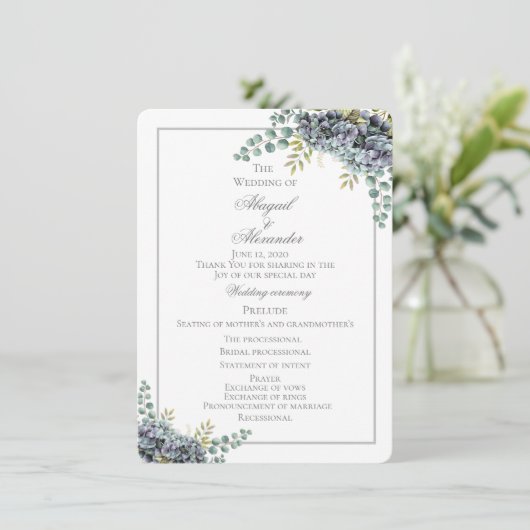Purplish Hydrangeas Eucalyptus Wedding Program Car (Staand voorkant)