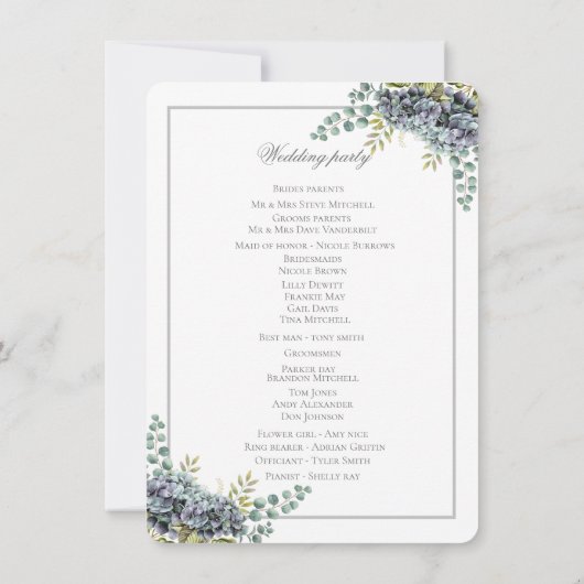 Purplish Hydrangeas Eucalyptus Wedding Program Car (Achterkant)