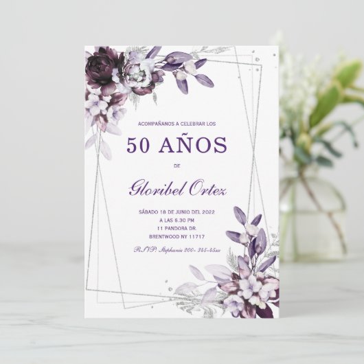 Púrpura y Lavanda Plata 50 cumpleaños plantilla de Kaart (Staand voorkant)