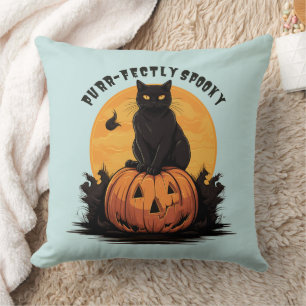 Purr-fect Griezelige Zwarte Kat op Pompoen Hallowe Kussen