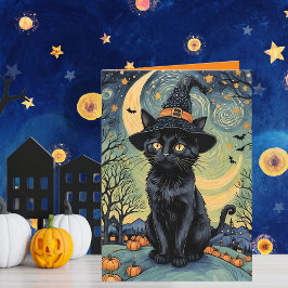 Purr-fect Schrike Nacht Van Gogh Stijl Halloween Feestdagen Kaart