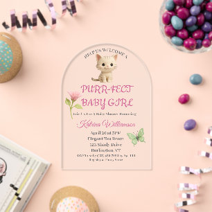 Purr-fecte Baby Meisje Kitten Baby Shower Acryl Uitnodigingen